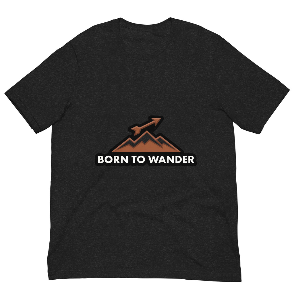 Born to Wander tee: arrow over mountain peaks in burnt sienna on a unisex Sagittarius t-shirt