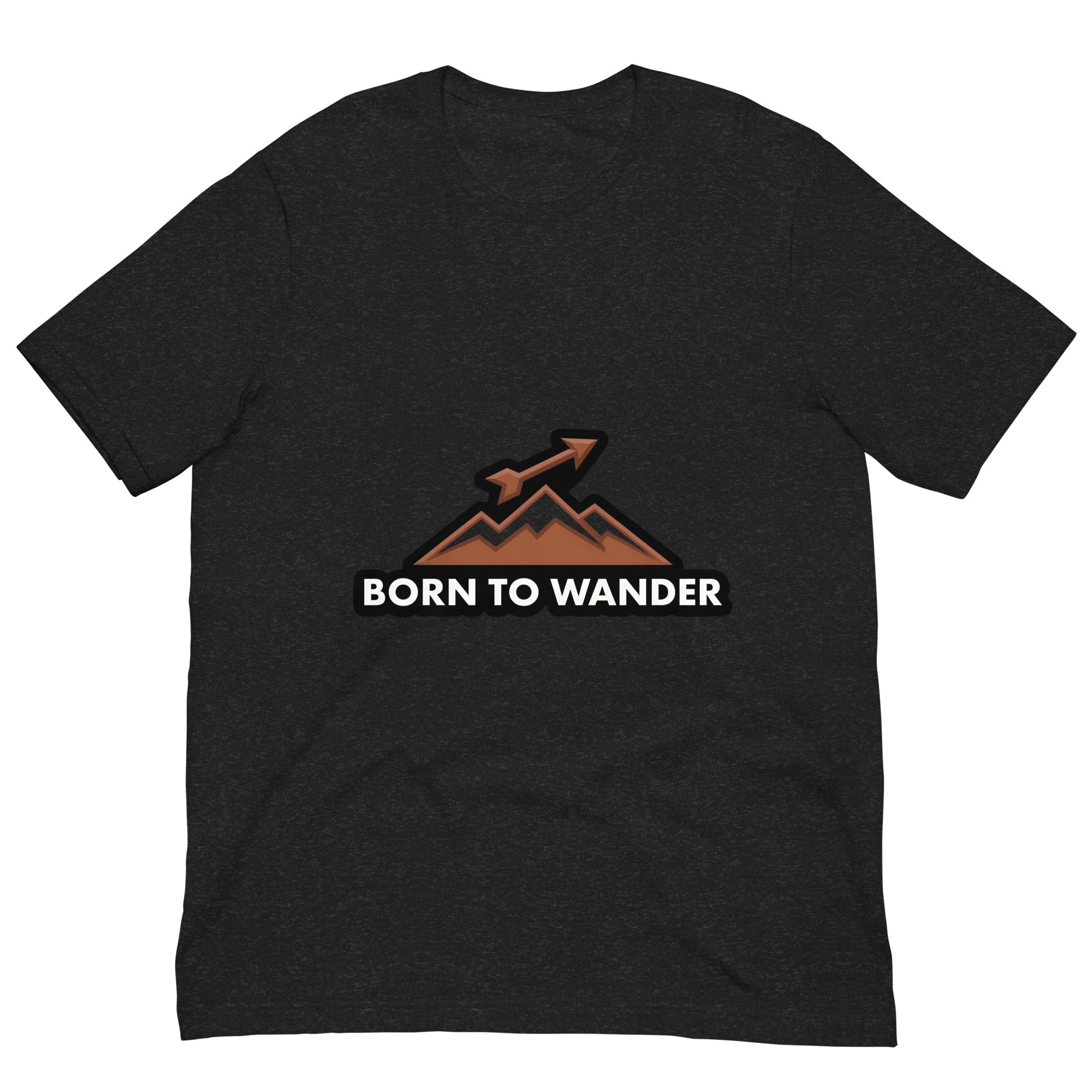 Born to Wander tee: arrow over mountain peaks in burnt sienna on a unisex Sagittarius t-shirt