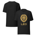 Golden Reign tee: solid gold Leo zodiac symbol on a dark unisex t-shirt