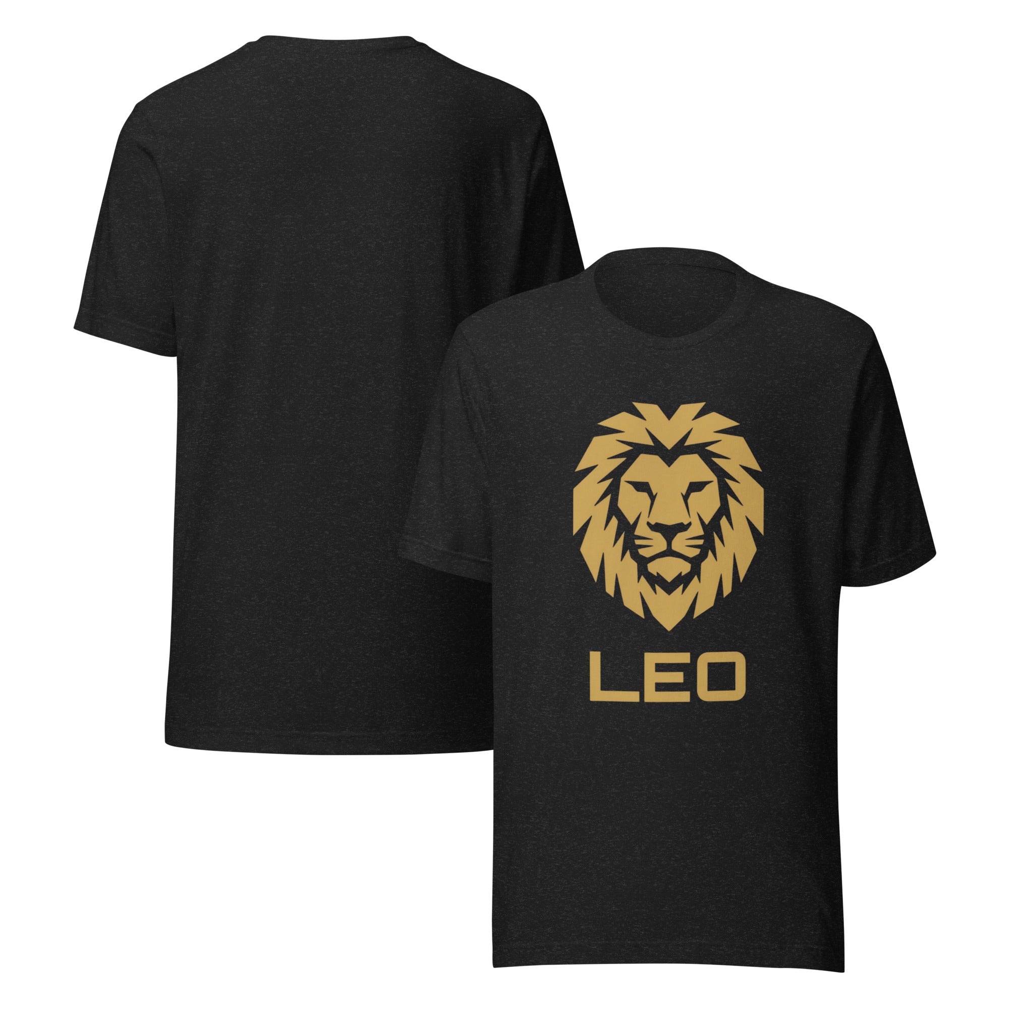 Golden Reign tee: solid gold Leo zodiac symbol on a dark unisex t-shirt