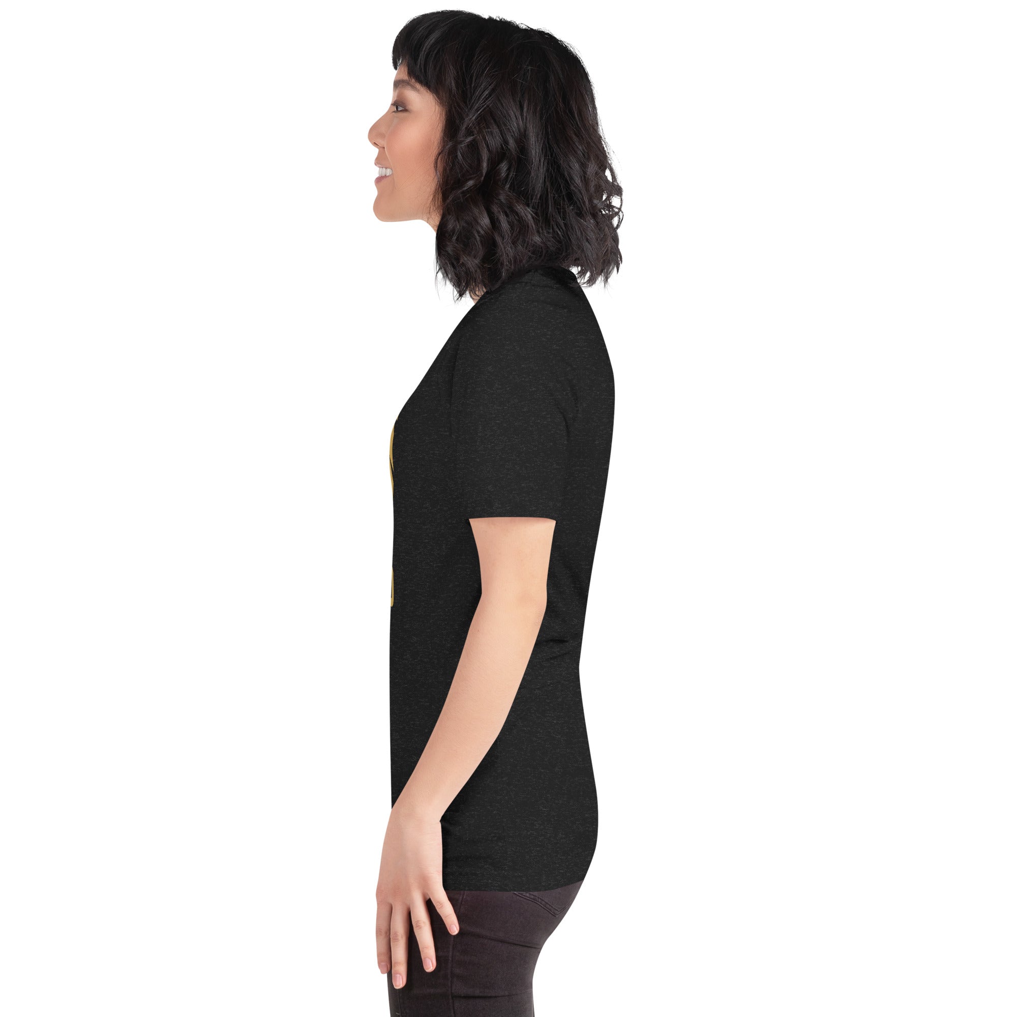 Golden Reign tee: solid gold Leo zodiac symbol on a dark unisex t-shirt