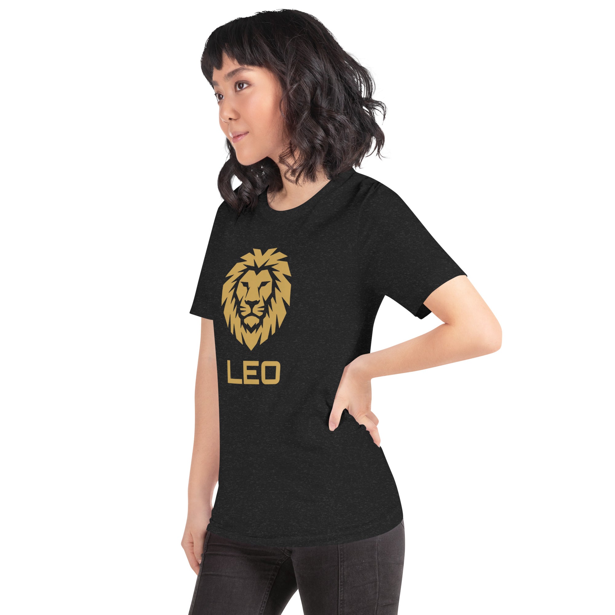Golden Reign tee: solid gold Leo zodiac symbol on a dark unisex t-shirt