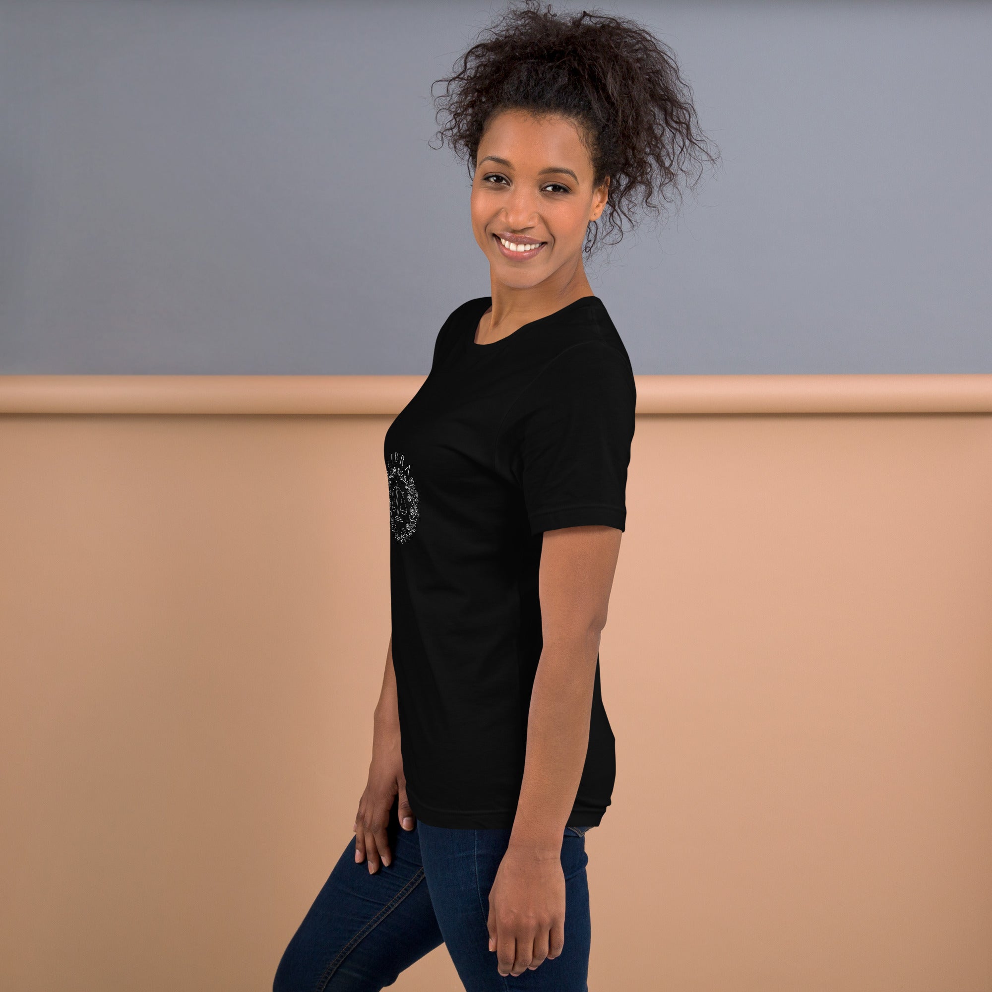 Libra Rose Crest tee: blush and lavender scales with roses on a dark unisex t-shirt
