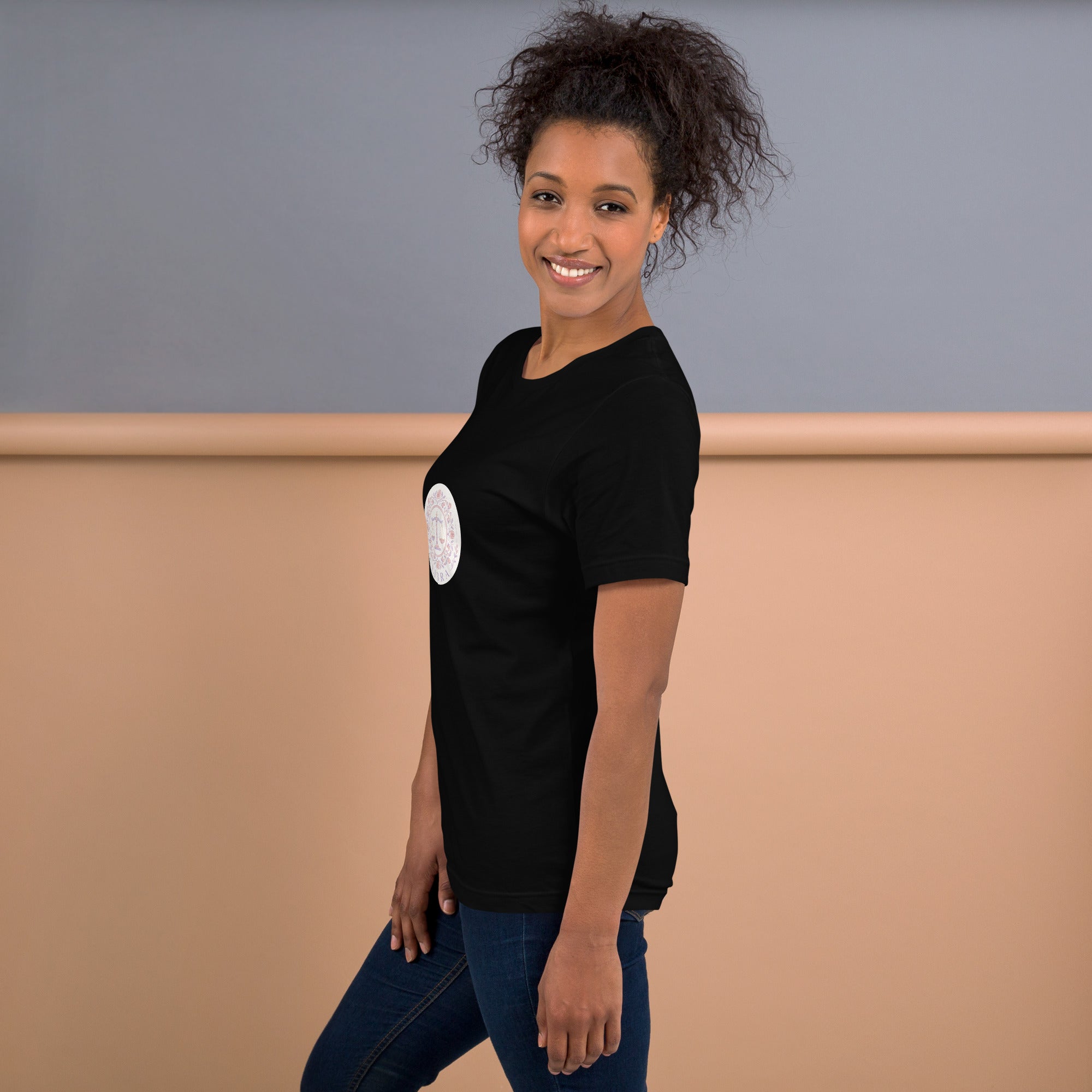 Libra Vintage Seal tee: vintage rose crest in blush, lavender, and gold on a unisex t-shirt