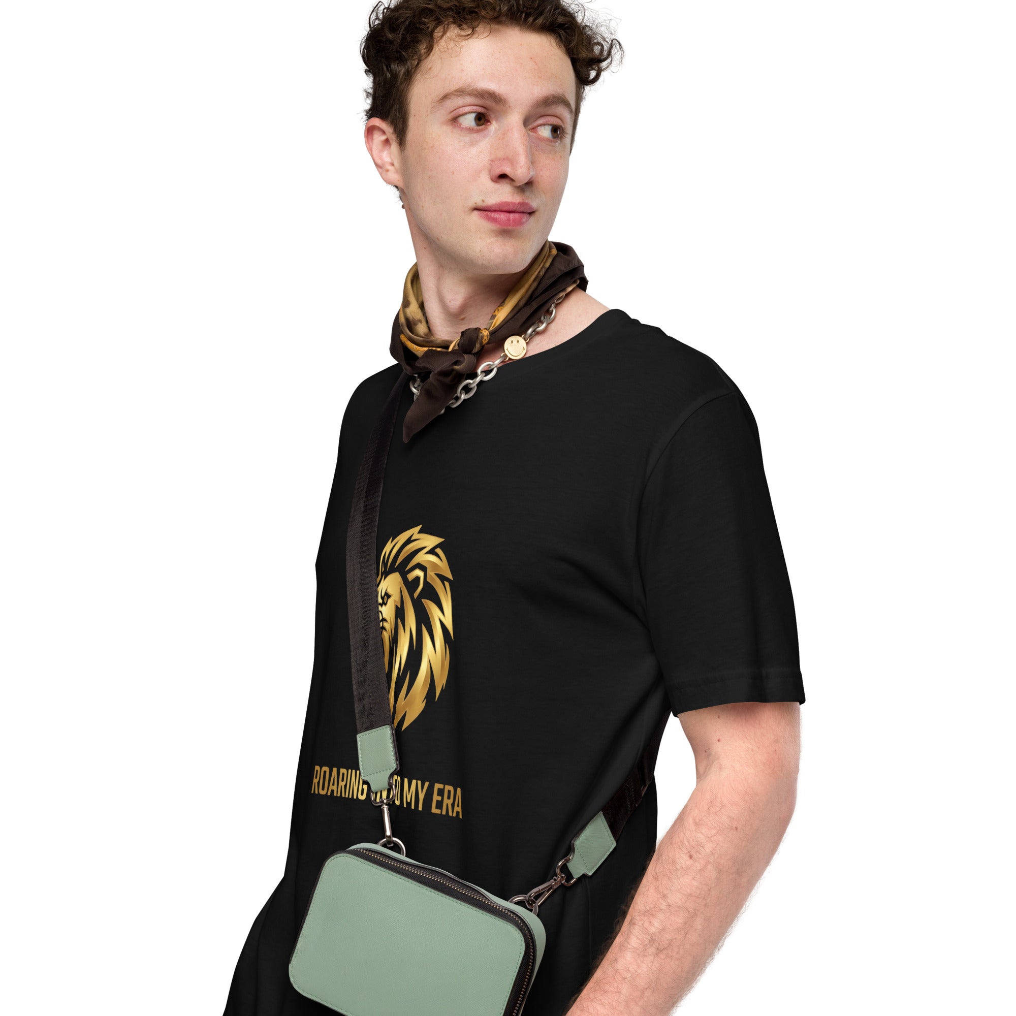 Roaring Into My Era tee: metallic gold roaring lion on a unisex Leo t-shirt
