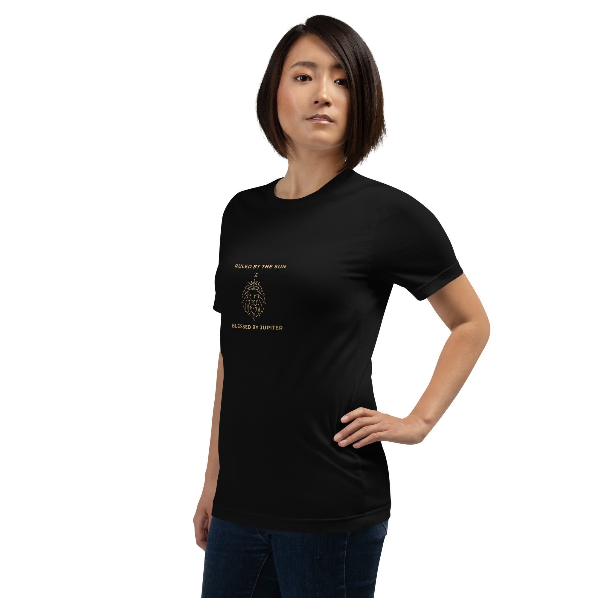 Ruled by the Sun line art tee: fine gold crown, lion, and Jupiter symbol on a unisex t-shirt