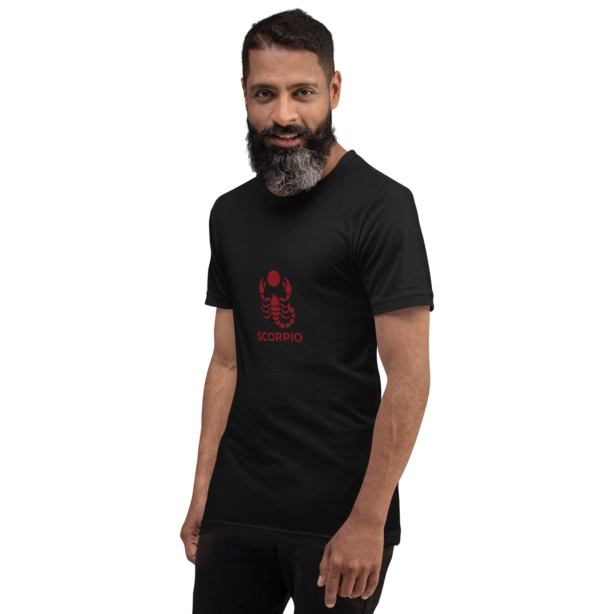 Blood Moon Rising tee: maroon scorpion under a red moon on a dark unisex Scorpio t-shirt