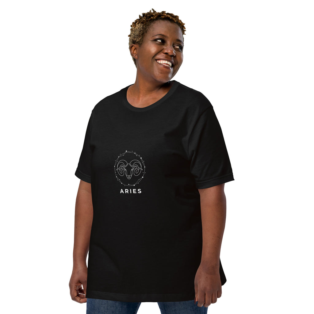 Ram Star Circuit tee: white line art ram in a constellation ring on a dark unisex Aries t-shirt