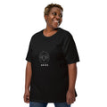 Ram Star Circuit tee: white line art ram in a constellation ring on a dark unisex Aries t-shirt