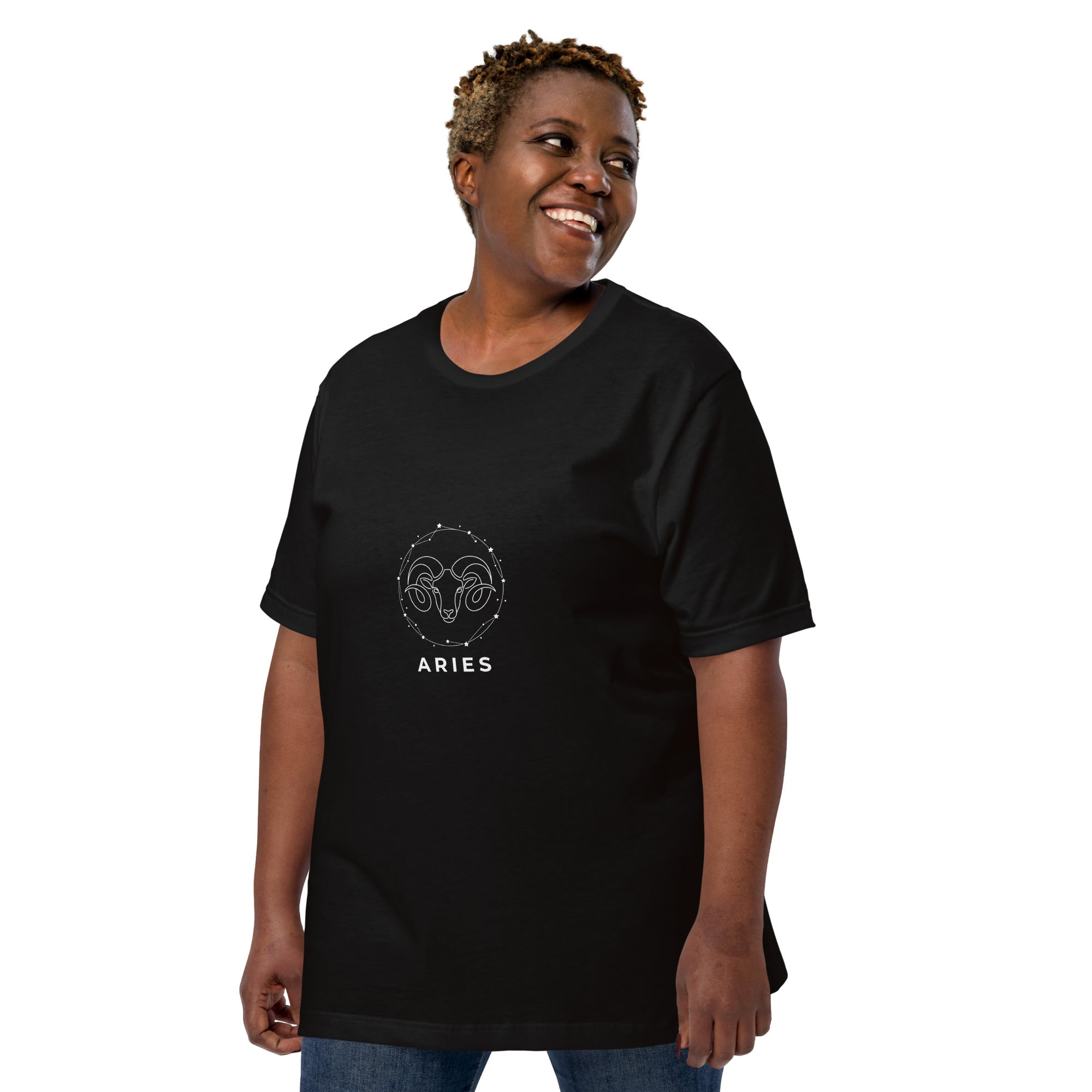 Ram Star Circuit tee: white line art ram in a constellation ring on a dark unisex Aries t-shirt