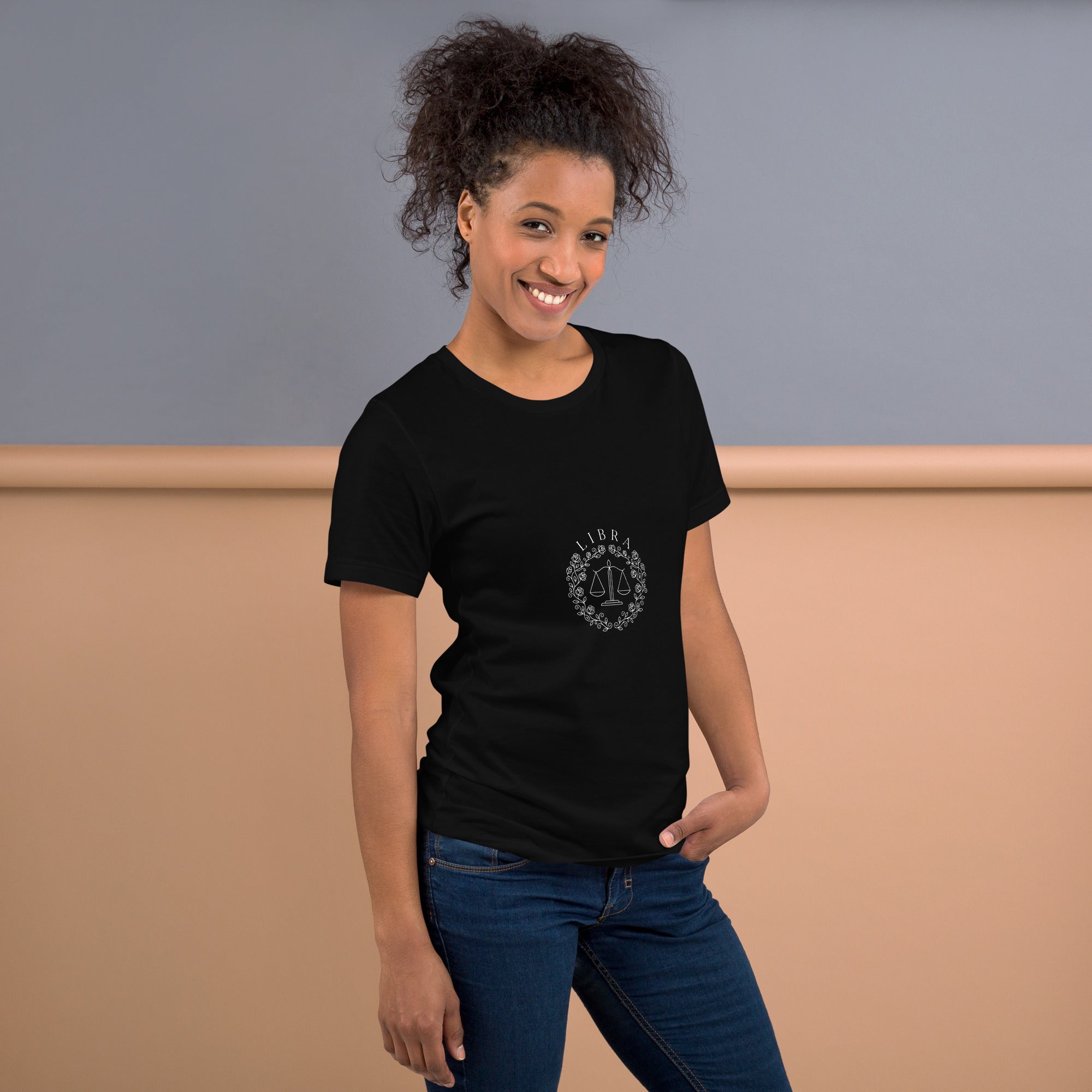Libra Rose Crest tee: blush and lavender scales with roses on a dark unisex t-shirt