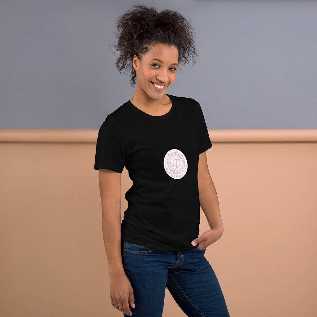Libra Vintage Seal tee: vintage rose crest in blush, lavender, and gold on a unisex t-shirt