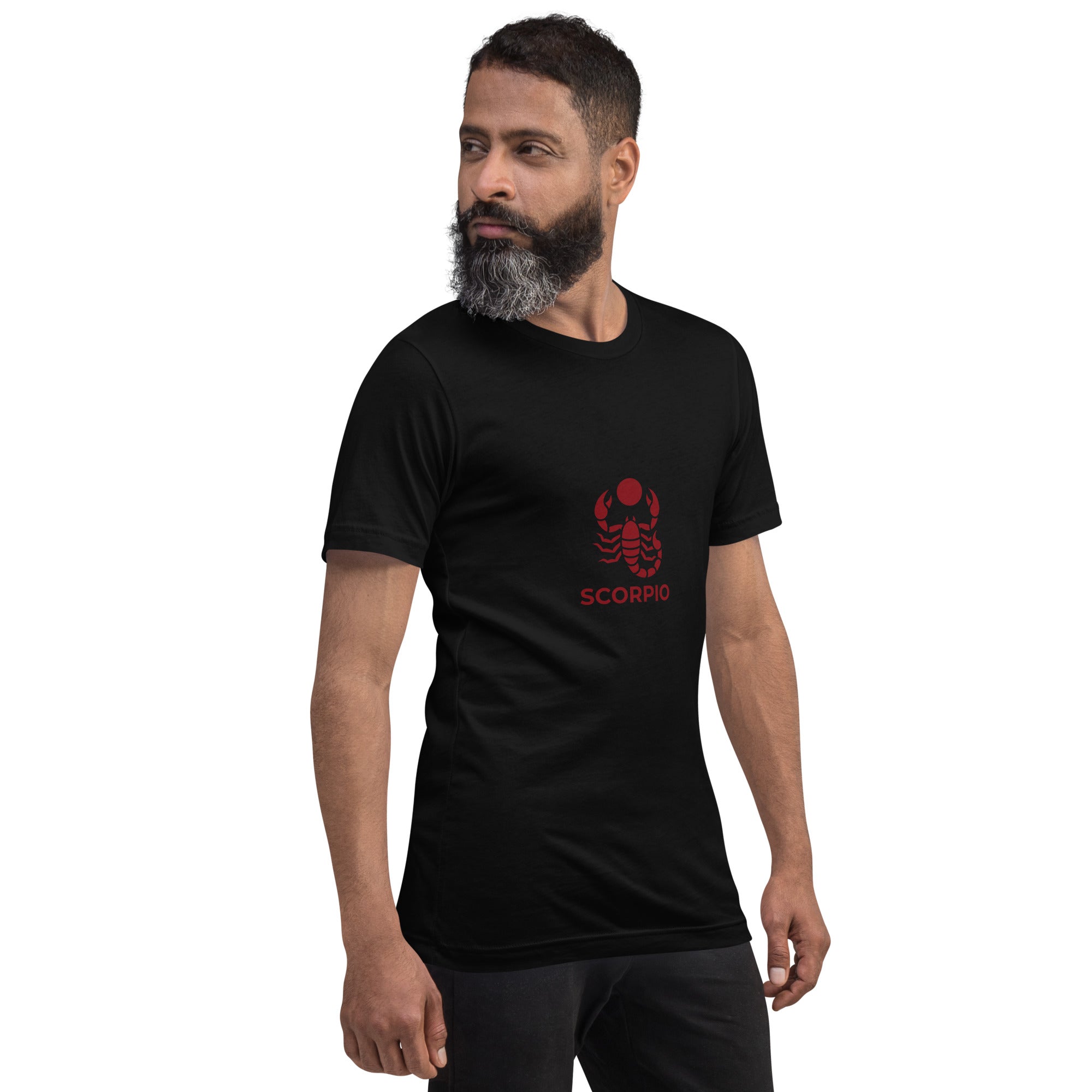 Blood Moon Rising tee: maroon scorpion under a red moon on a dark unisex Scorpio t-shirt