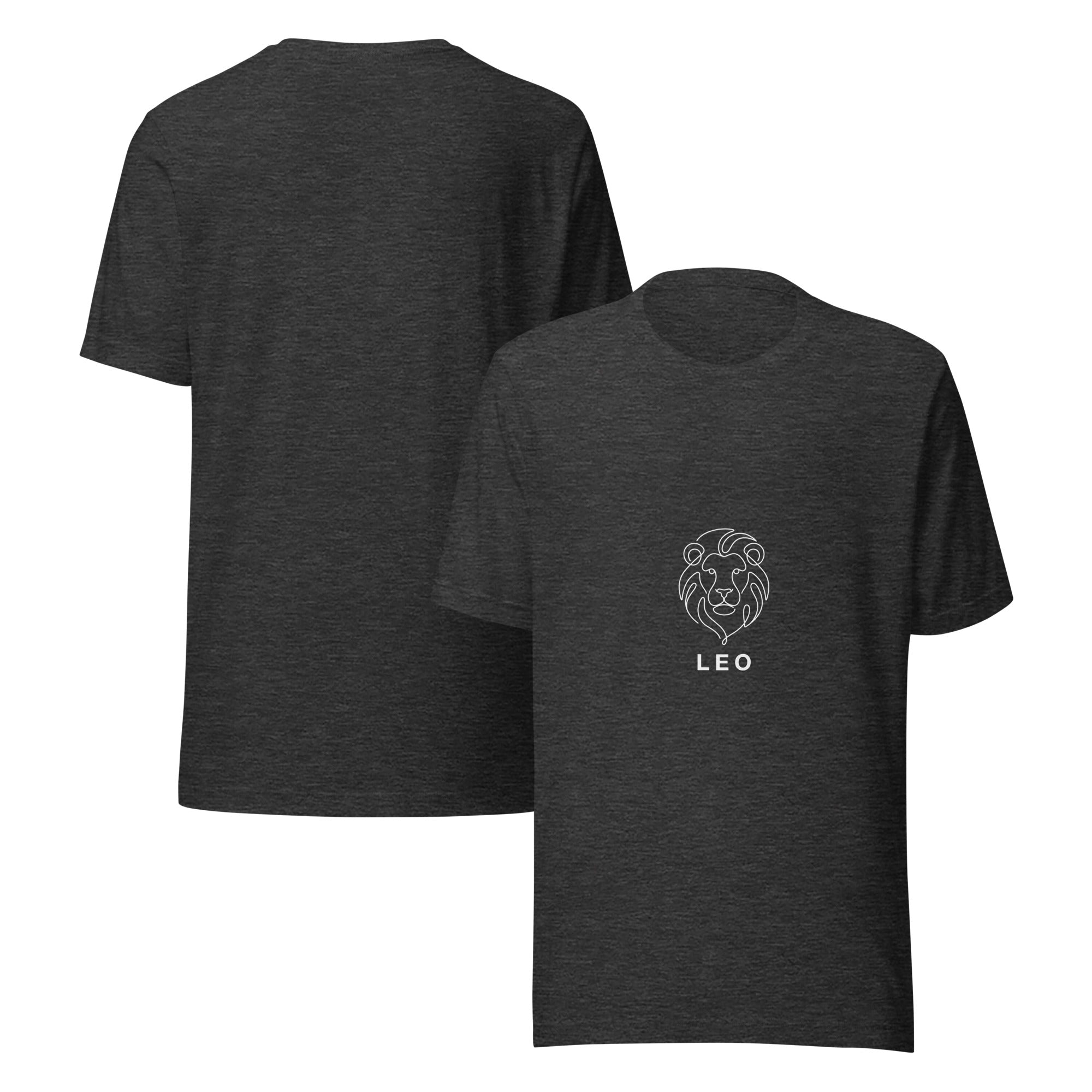 The Leo Mark tee: white line art lion on a dark unisex t-shirt, Leo zodiac