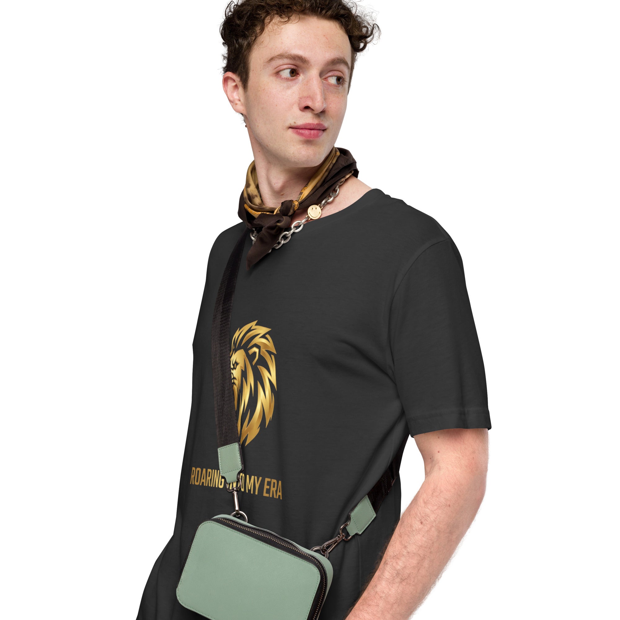 Roaring Into My Era tee: metallic gold roaring lion on a unisex Leo t-shirt