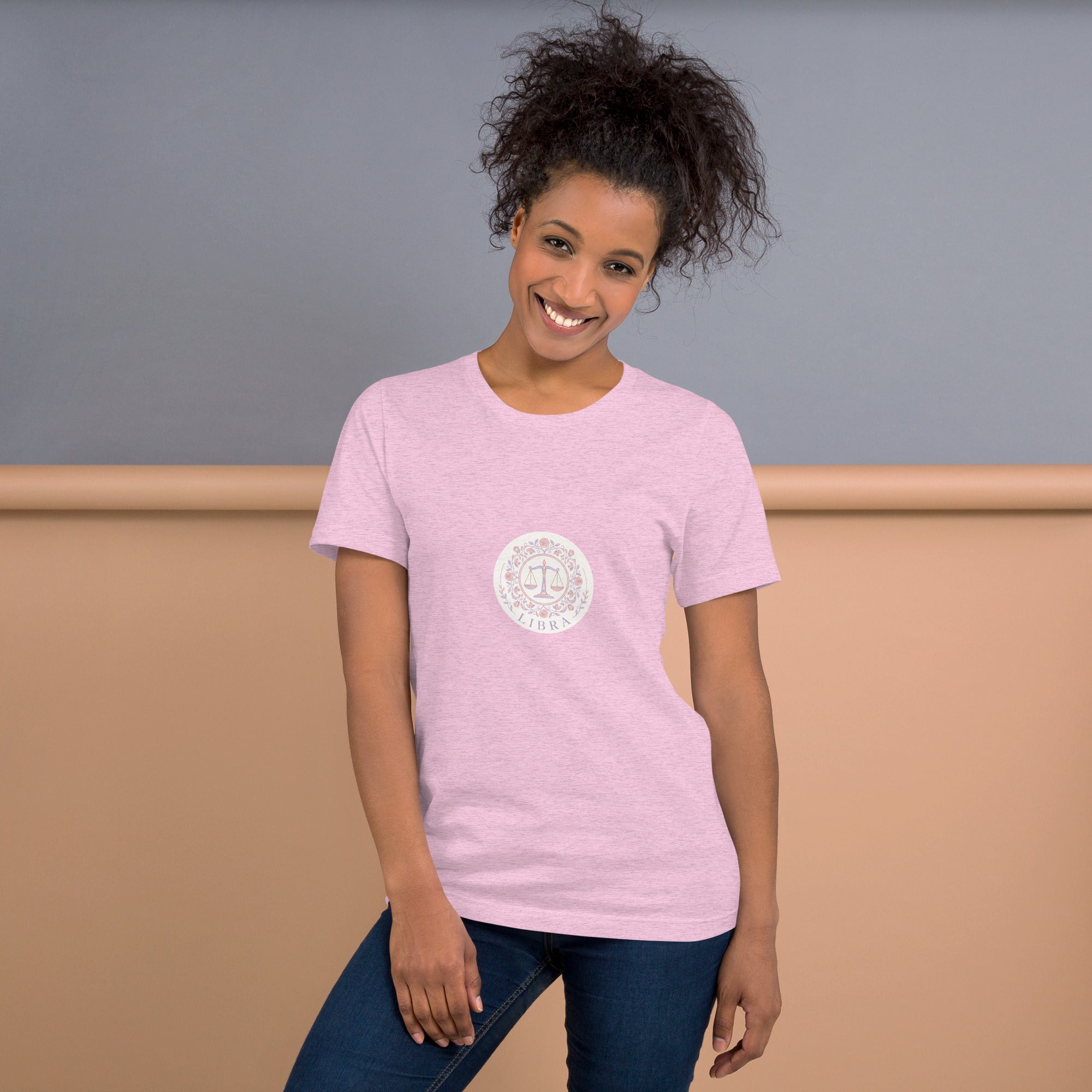Libra Vintage Seal tee: vintage rose crest in blush, lavender, and gold on a unisex t-shirt