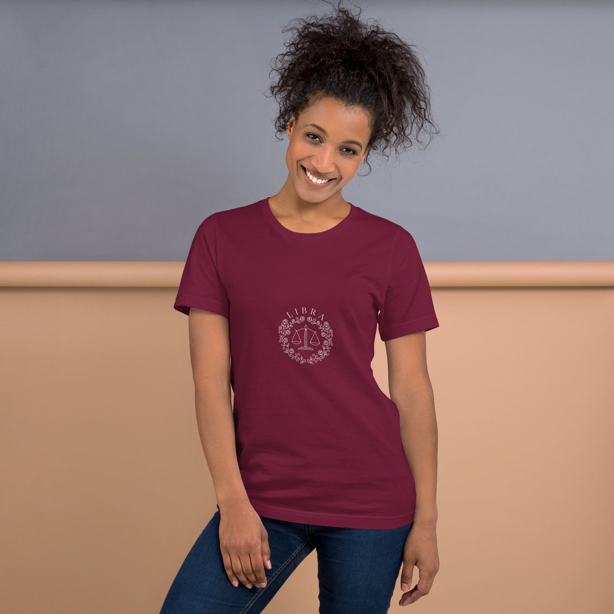 Libra Rose Crest tee: blush and lavender scales with roses on a dark unisex t-shirt
