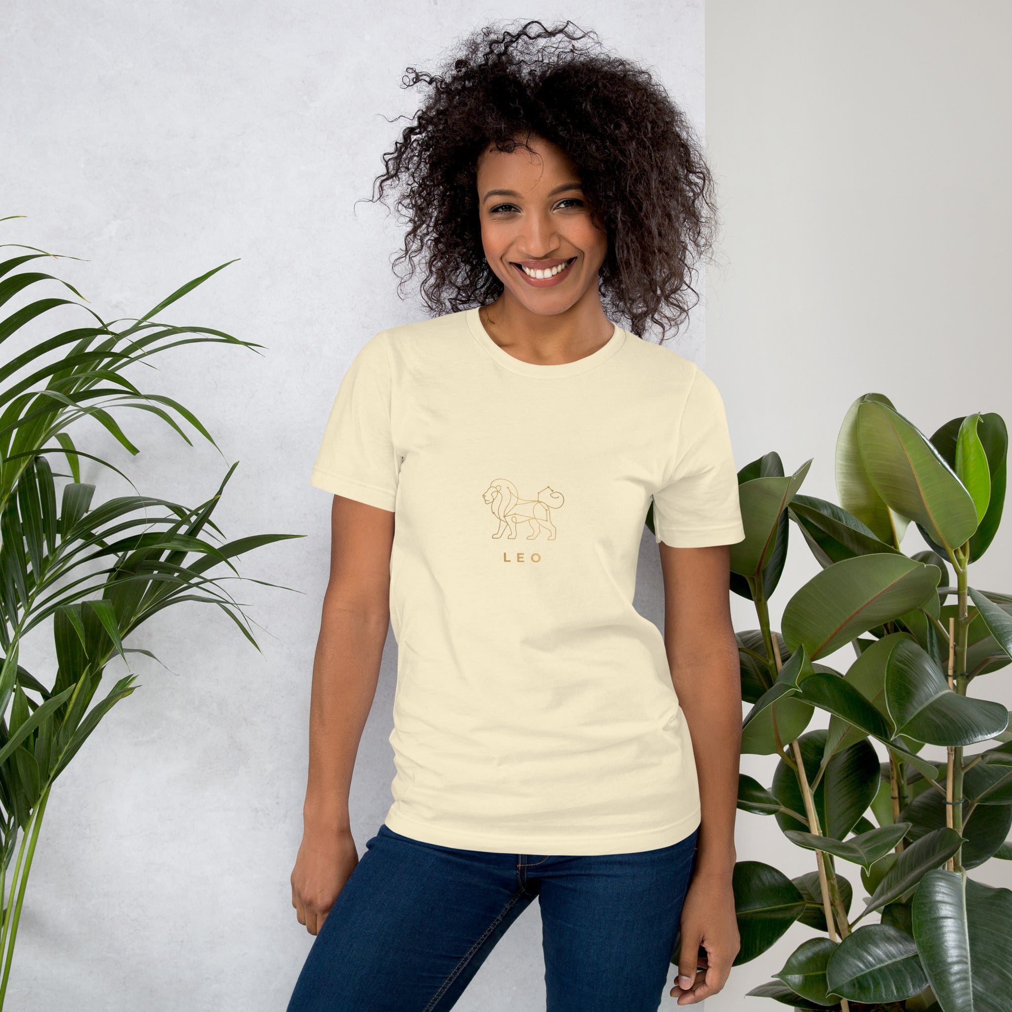 Written in the Stars tee: gold line art lion with constellation on a unisex Leo t-shirt