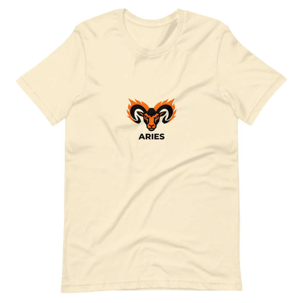 Blaze Ram tee: flaming ram horns in black and orange on a unisex Aries t-shirt
