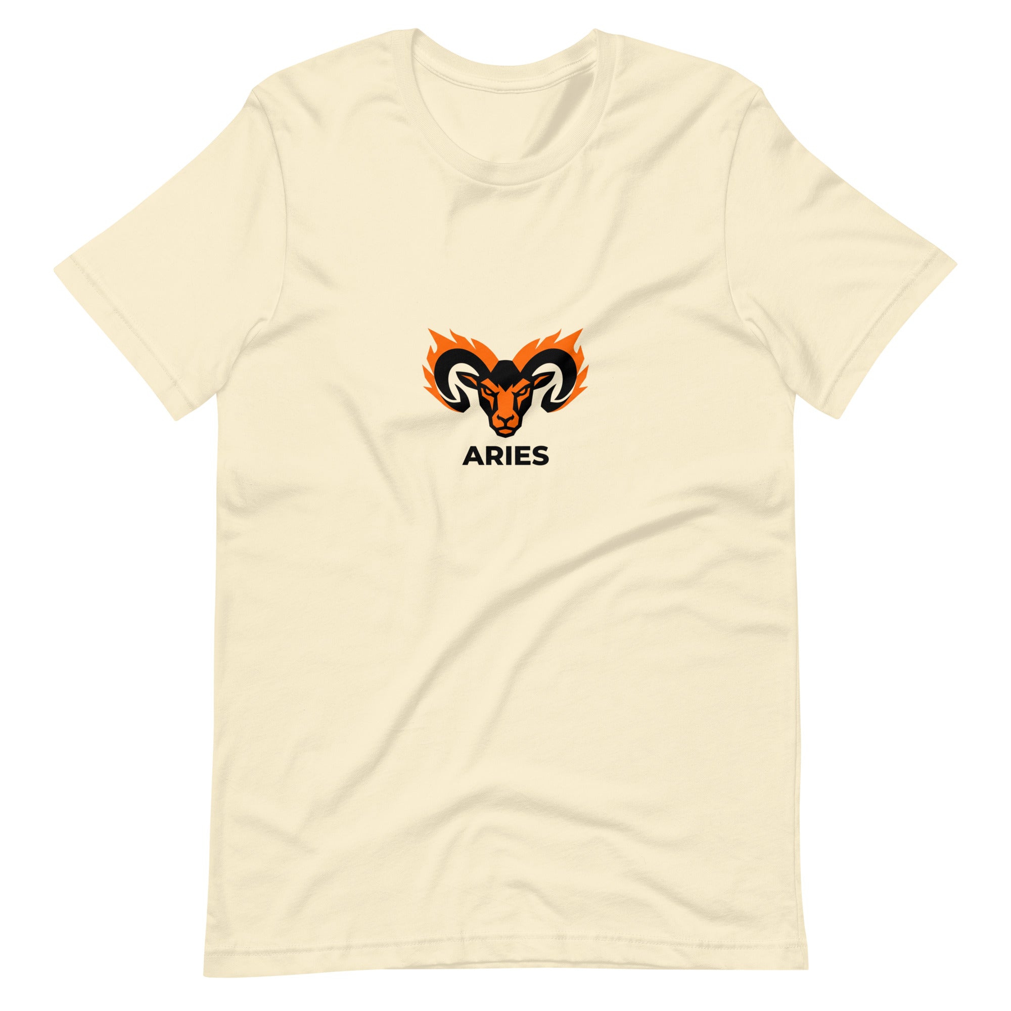 Blaze Ram tee: flaming ram horns in black and orange on a unisex Aries t-shirt