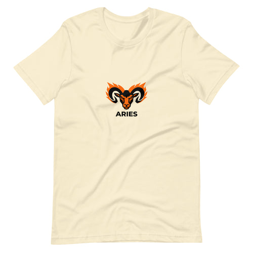 Blaze Ram tee: flaming ram horns in black and orange on a unisex Aries t-shirt