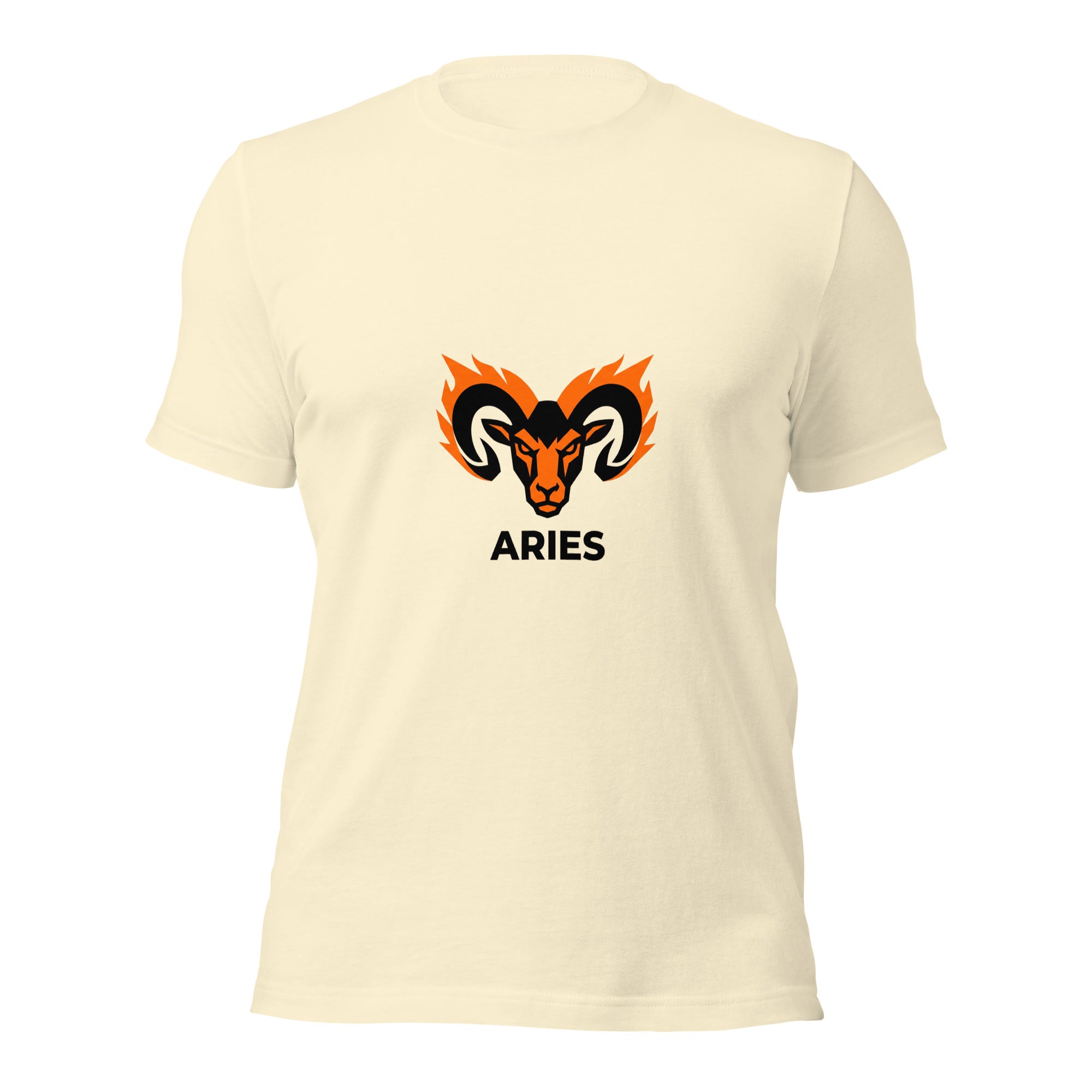 Blaze Ram tee: flaming ram horns in black and orange on a unisex Aries t-shirt