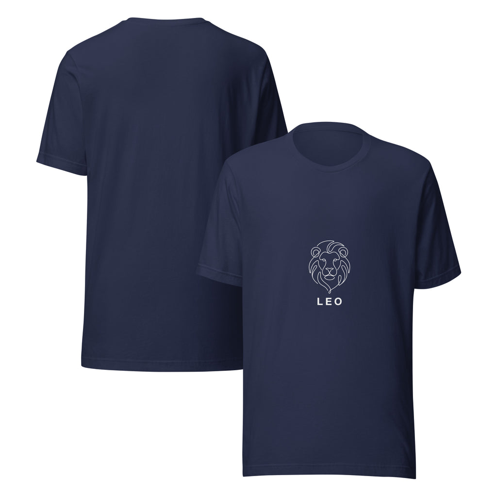The Leo Mark tee: white line art lion on a dark unisex t-shirt, Leo zodiac