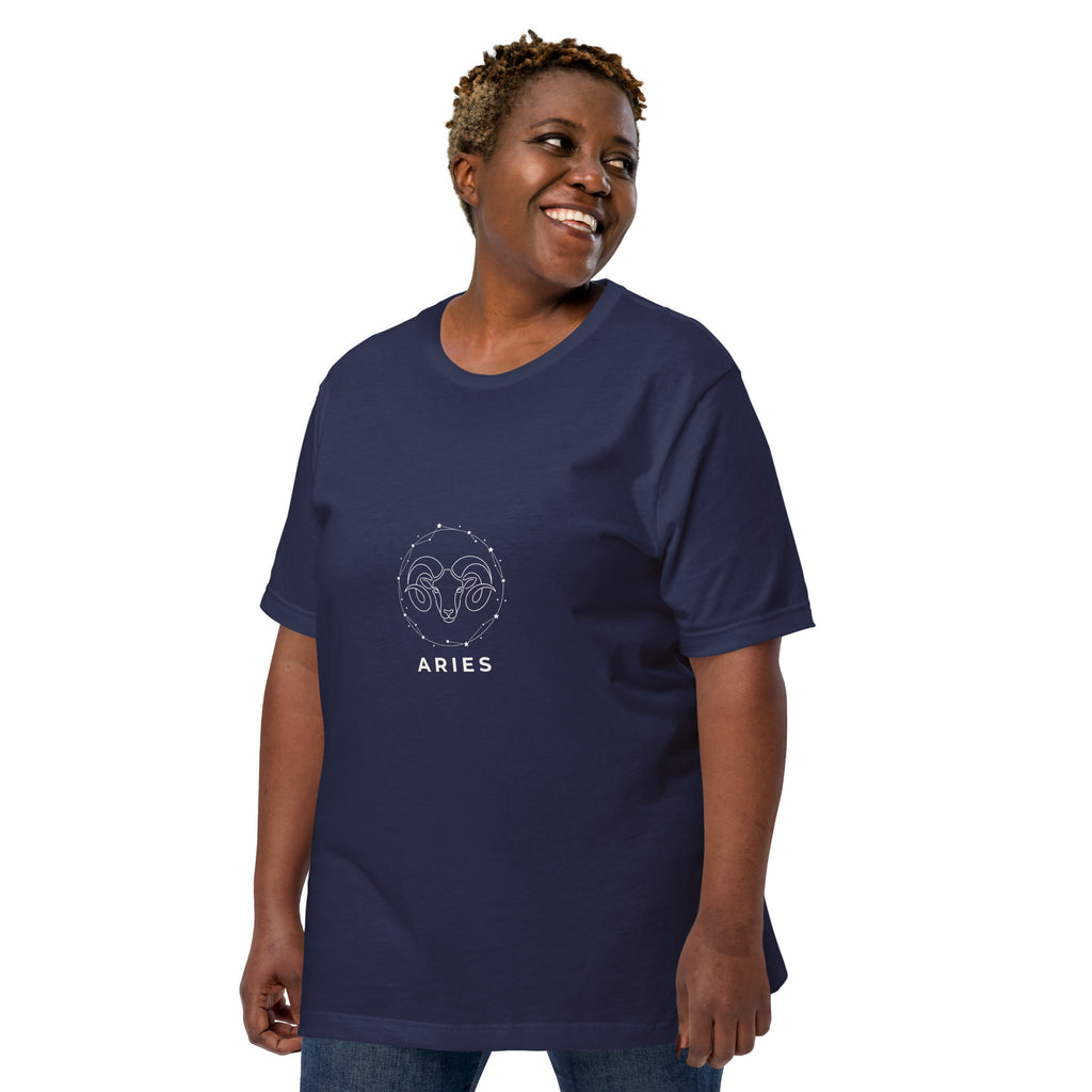 Ram Star Circuit tee: white line art ram in a constellation ring on a dark unisex Aries t-shirt