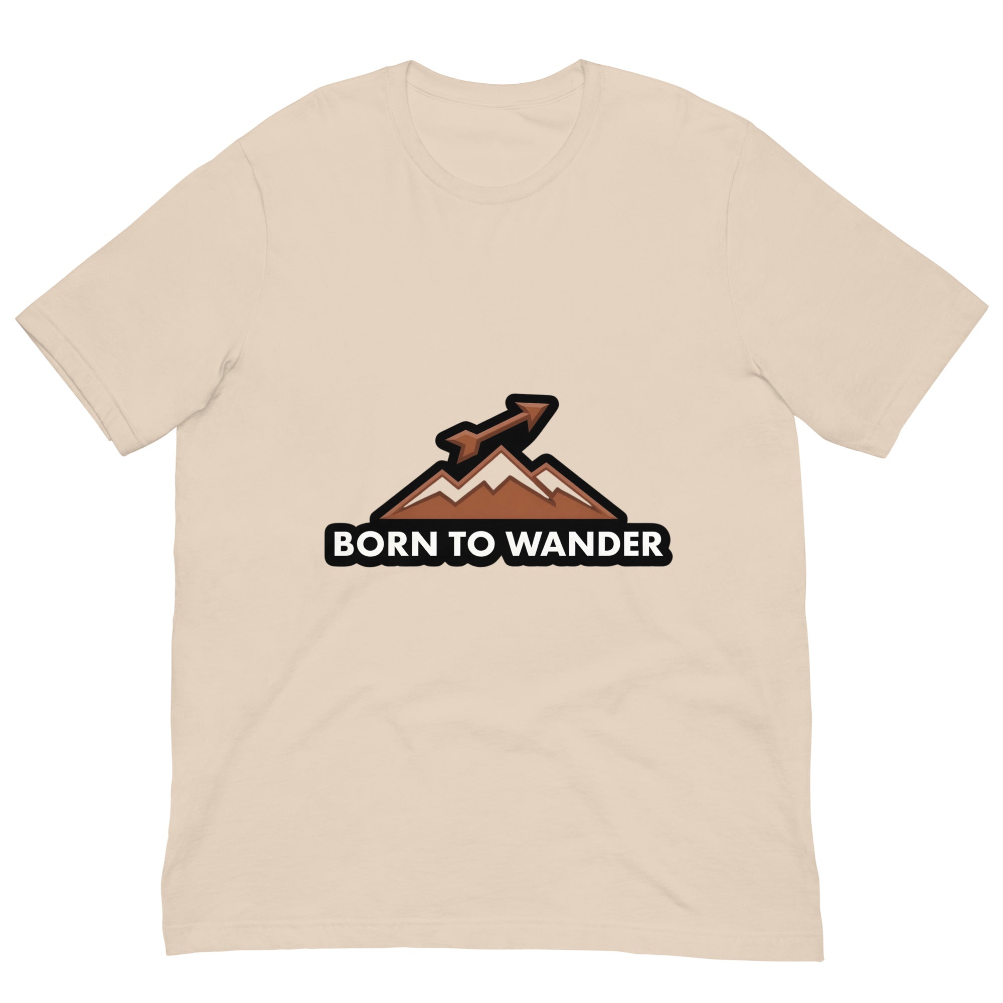 Born to Wander tee: arrow over mountain peaks in burnt sienna on a unisex Sagittarius t-shirt