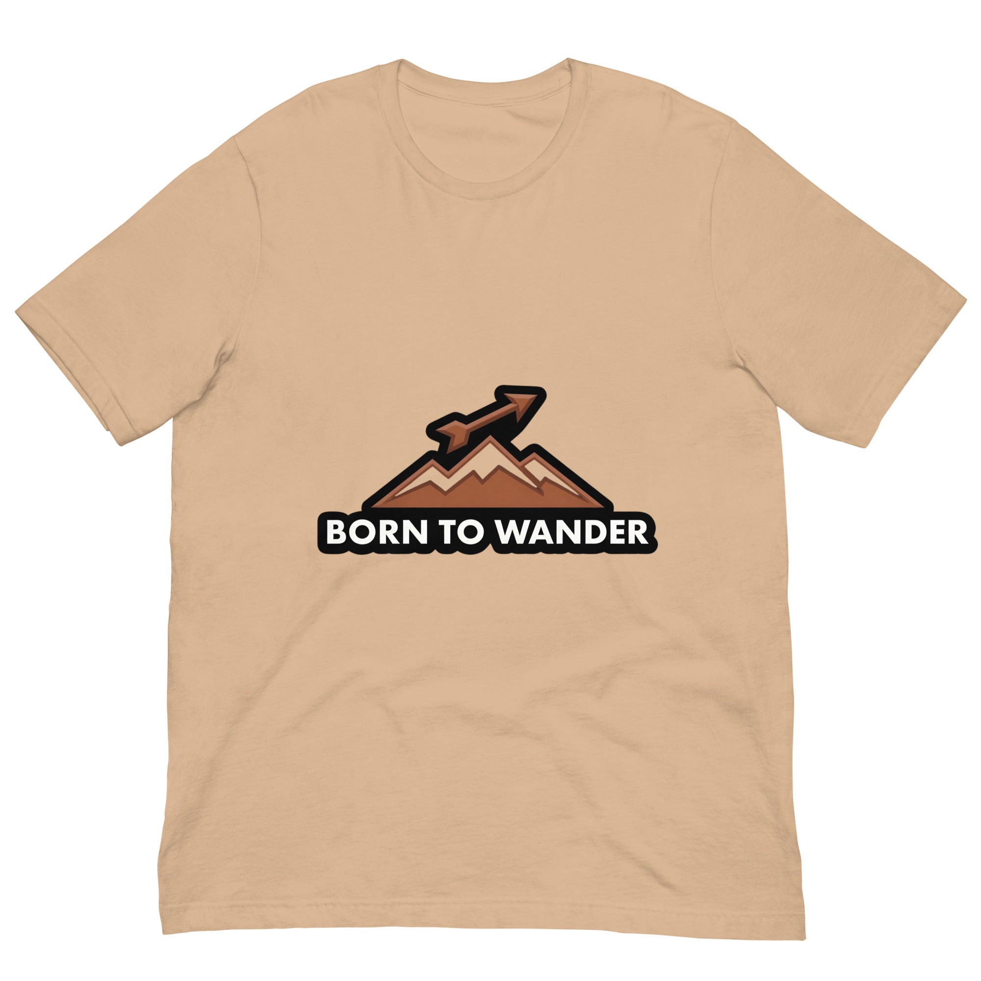 Born to Wander tee: arrow over mountain peaks in burnt sienna on a unisex Sagittarius t-shirt