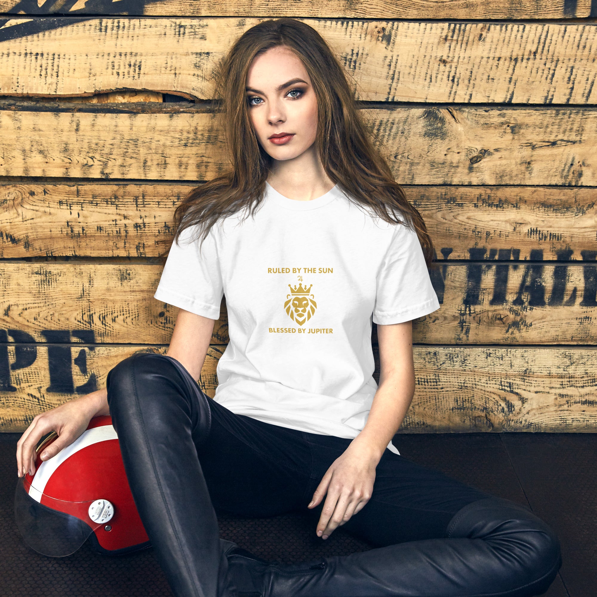 Ruled by the Sun tee: gold crowned lion with Jupiter symbol on a unisex Leo t-shirt