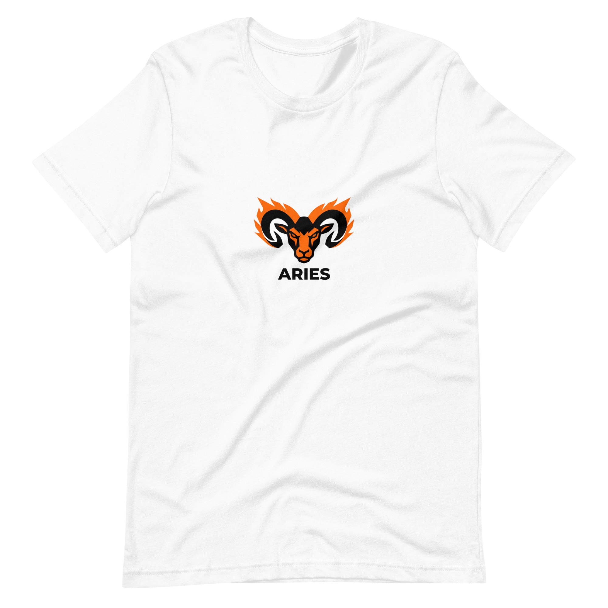 Blaze Ram tee: flaming ram horns in black and orange on a unisex Aries t-shirt